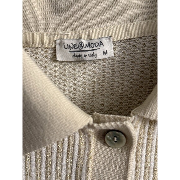 Linea Moda Italy Beige Button Down Knit Shirt M Glitter Thread Short Sleeve - Picture 5 of 10